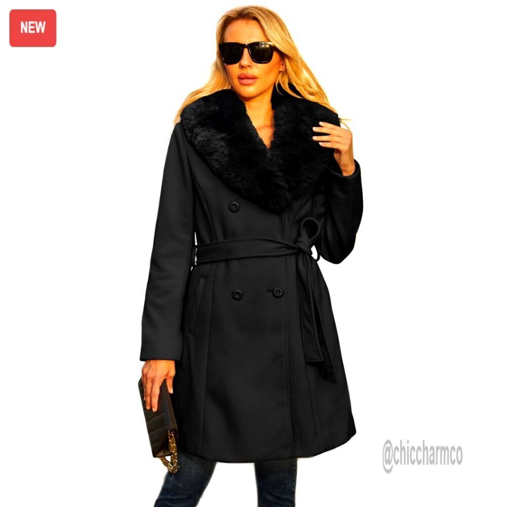Faux Leather Pea Coat Long Trench Double Breasted Wrap Winter Outerwear